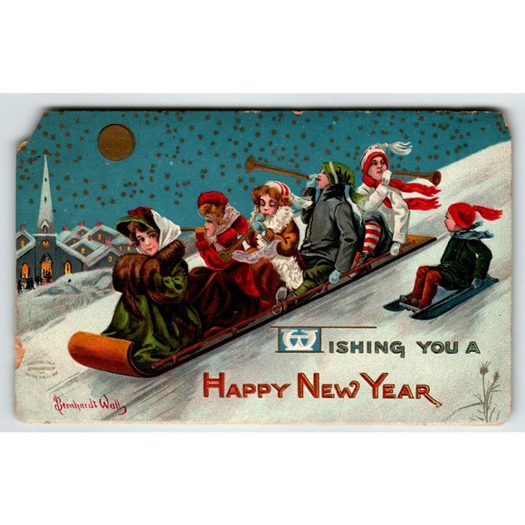 New Year Postcard Toboggan Wood Sled Full Moon Church Bernhardt Wall 1908 Emboss - Picture 1 of 2